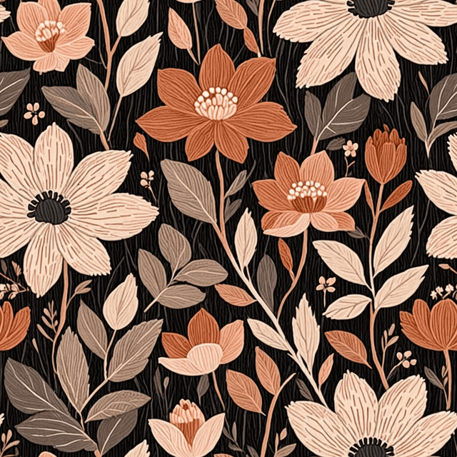 Florals in clay, rust, and deep blush sit closely packed against a charcoal ground. The composition is rich and textured, reminiscent of embroidered tapestries or aged fabric prints.