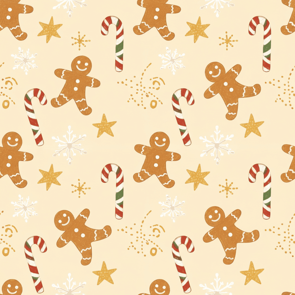 Whimsical pattern of gingerbread men dancing among candy canes, stars, and snowflakes on a warm cream background, in a retro hand-drawn vector style.