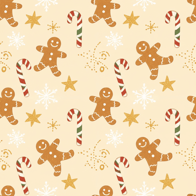 Whimsical pattern of gingerbread men dancing among candy canes, stars, and snowflakes on a warm cream background, in a retro hand-drawn vector style.
