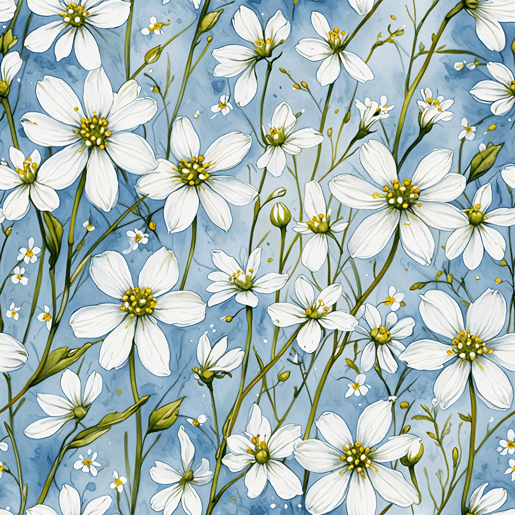 Tiny white flowers with subtle green stems scatter against light blue background, leaving airy negative space.