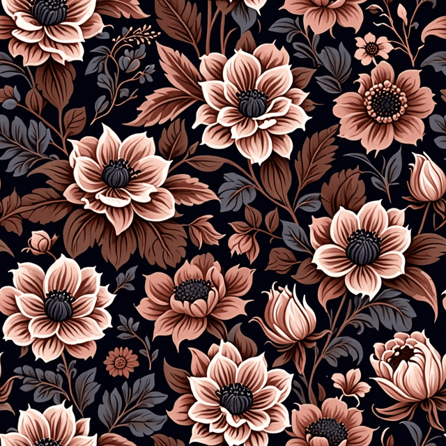 A bouquet of dark blooms in rich cocoa and soft blush sits tightly packed against a midnight base. The layout is dense and immersive, evoking rich still-life paintings with a gothic twist.