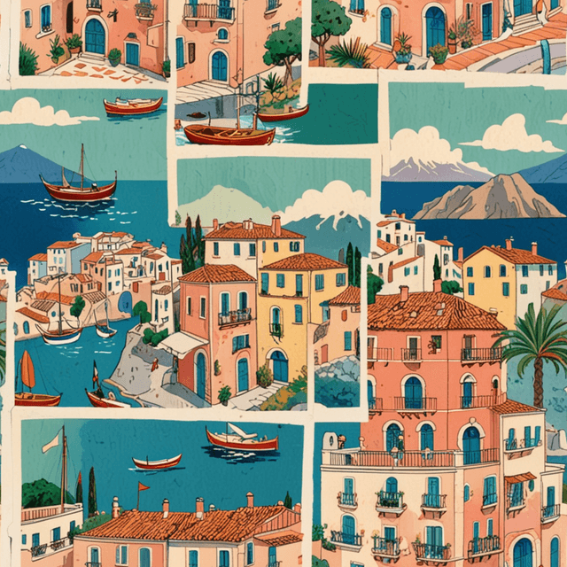 Vintage travel postcards from Italy, Greece, and Spain with bold Mediterranean tones, using a harmonious Mediterranean palette.