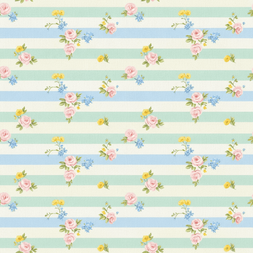 Tiny scattered flowers growing between narrow pastel stripes, featuring pale pink roses, buttercups and small blue blossoms.