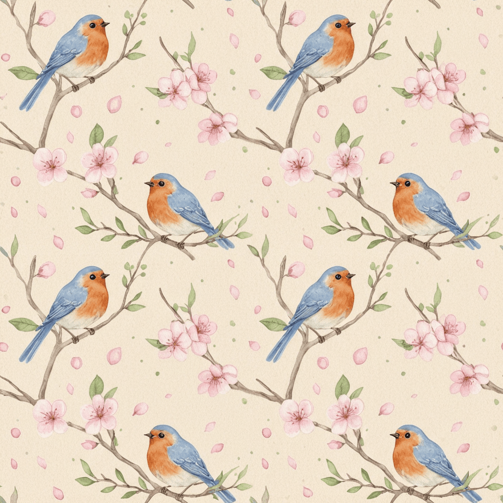 tiny songbirds perched among flowering branches. Use robins and bluebirds as the primary motifs, supported by cherry blossoms, small leaves, delicate buds, curling twigs, falling petals, and tiny dots. Arrange the motifs in an airy dynamic repeat with medium-scale birds, graceful movement, and generous negative space. Use a soft parchment background with dusty blue, warm rust, pale pink, sage green, ivory, and muted brown. Render the artwork in delicate watercolor with translucent washes, fine brush detail, subtle paper texture, and gentle handmade variation. Keep all birds anatomically coherent and fully visible, with seamless edge-to-edge continuity. Avoid extra wings, distorted beaks, cropped birds, broken branches, muddy washes, harsh outlines, overcrowding, and visible repeat seams.