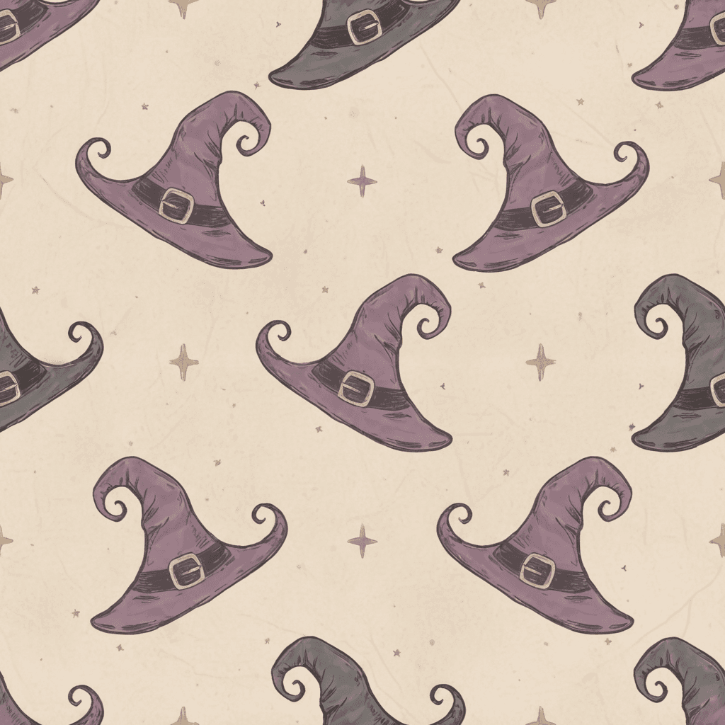 Hand-drawn witches’ hats in dusty plum and charcoal scattered loosely across a parchment beige background, simple and rustic