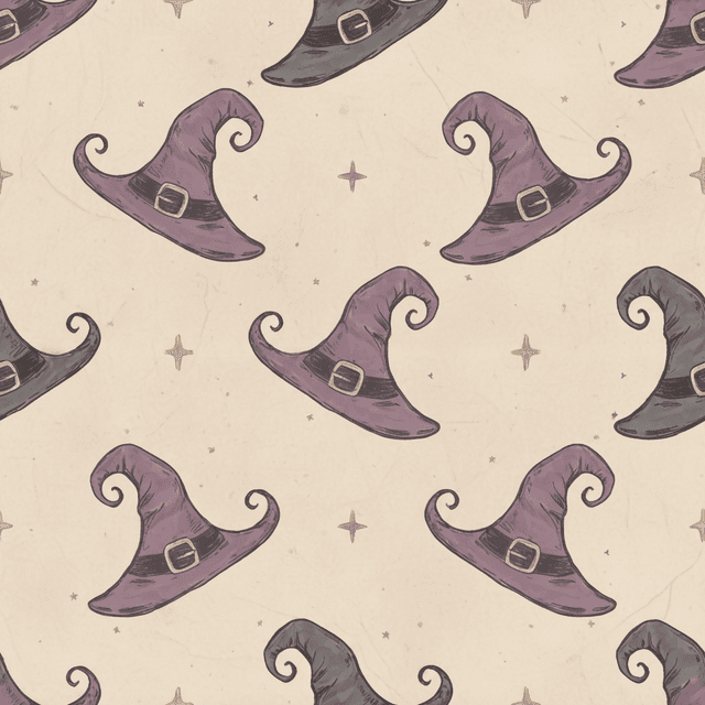 Hand-drawn witches’ hats in dusty plum and charcoal scattered loosely across a parchment beige background, simple and rustic