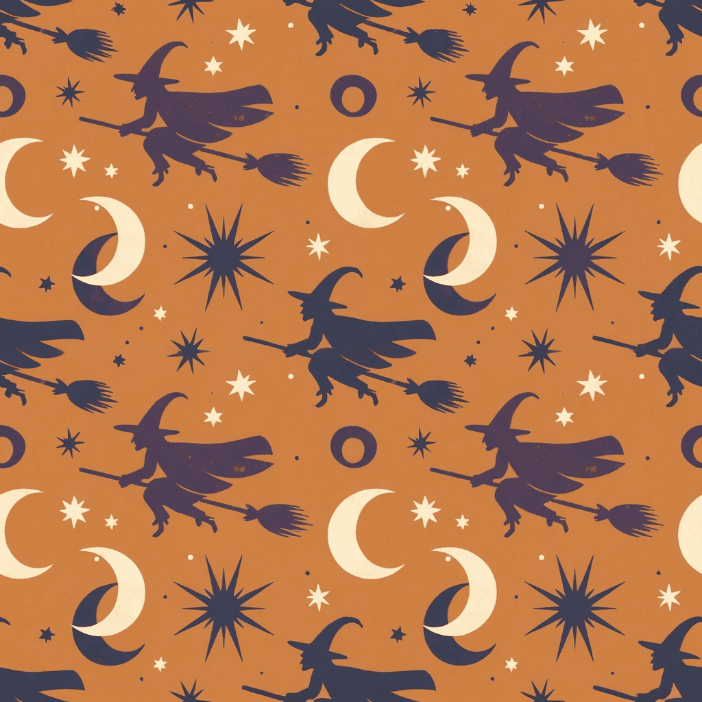 Witches flying on broomsticks in simplified silhouette style repeating across a burnt orange backdrop, classic and retro