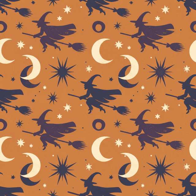 Witches flying on broomsticks in simplified silhouette style repeating across a burnt orange backdrop, classic and retro