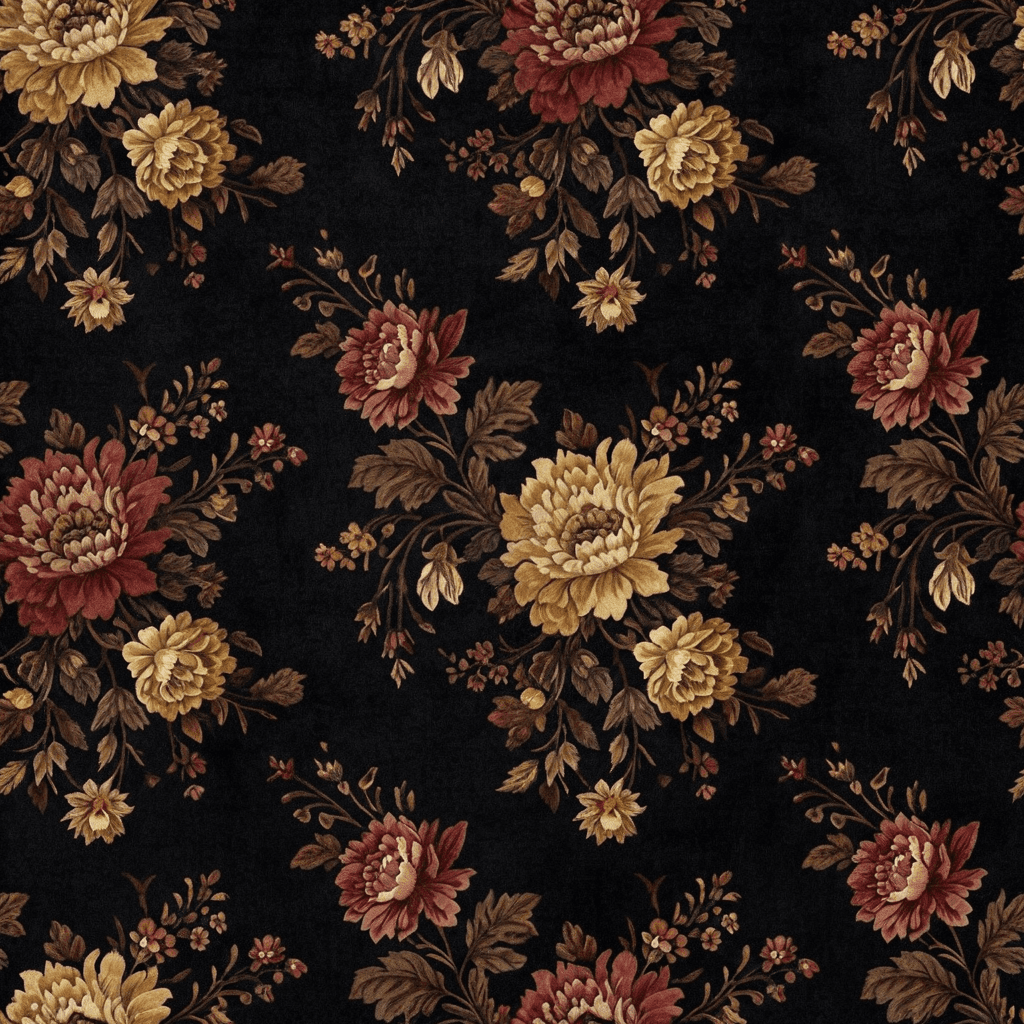 Cascading bouquets of wildflowers in muted red, dusty lemon, and deep cocoa spill across a velvet black surface. The mood is dramatic and lush, echoing vintage textiles and baroque tapestries.