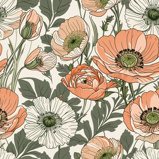 Fine line art of ranunculus, poppies, and greenery takes shape in peach, beige, and sage on a crisp white background.