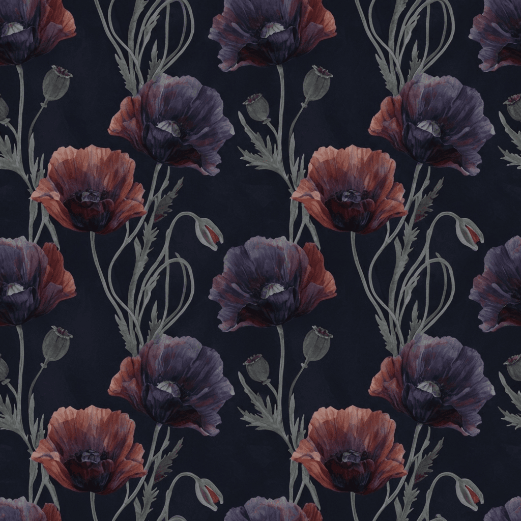 Dark poppies with crumpled petals, curved stems, seed pods, and sparse leaves emerging from a charcoal-blue background. Use blackened red, aubergine, midnight purple, muted rust, and pale pewter highlights around selected folds and centres. Arrange the flowers in a dynamic composition with varied heights, bending stems, partial overlaps, and open areas of deep shadow. Render the petals with translucent watercolor stains layered over photographic botanical forms, preserving their delicate creased texture. Avoid bright scarlet, rigid upright stems, identical flower shapes, flat black centres, excessive splatter, overcrowding, and harsh outlines.