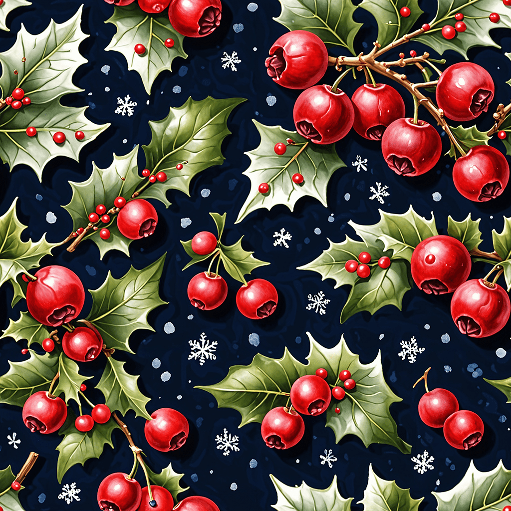 An elegant Christmas holiday pattern with illustrated holly branches, vibrant red cranberries, and softly falling snow on a deep navy background.