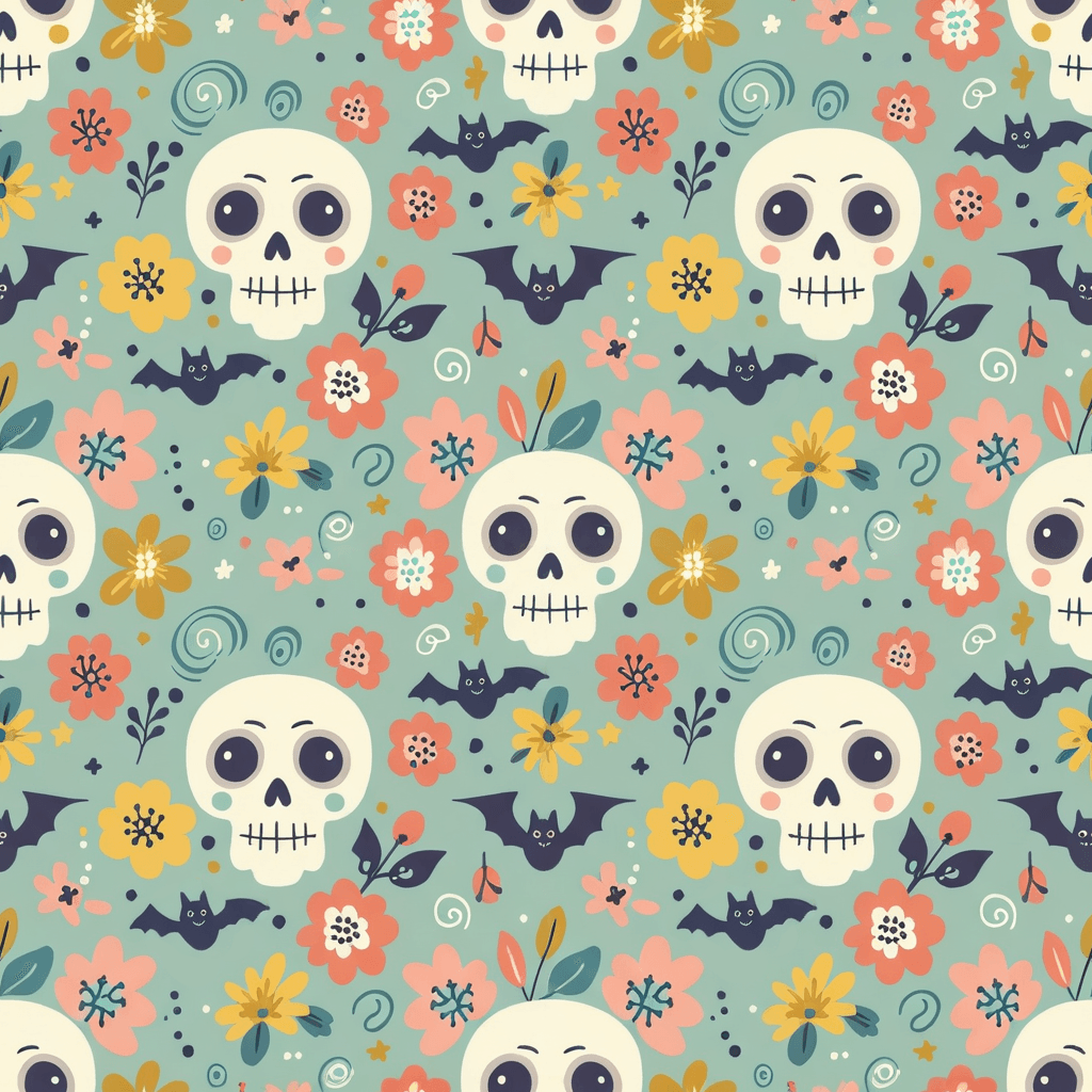 A whimsical pattern of adorable, cartoon-style skulls with playful expressions, surrounded by colorful flowers and tiny bats, all designed in a modern flat vector style.