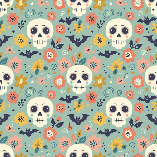 A whimsical pattern of adorable, cartoon-style skulls with playful expressions, surrounded by colorful flowers and tiny bats, all designed in a modern flat vector style.