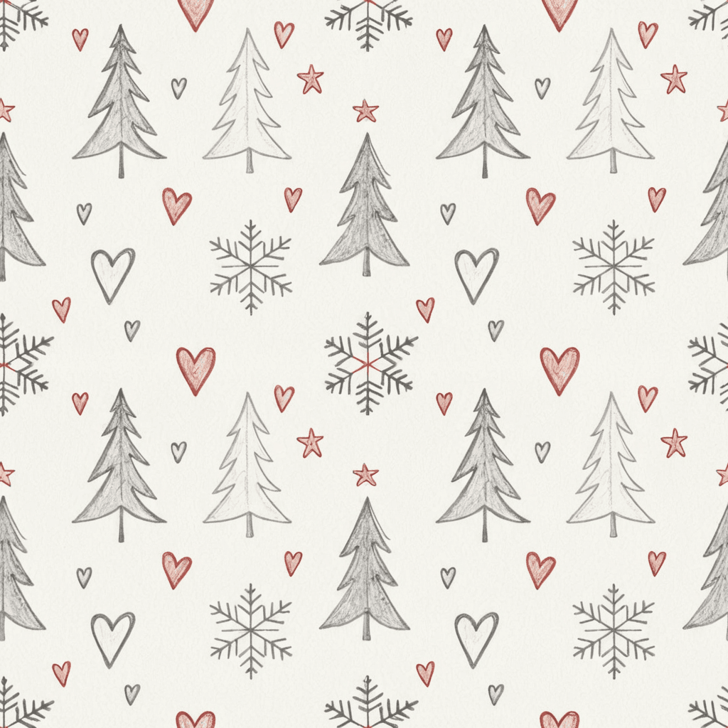 a seamless pattern in a minimalist Scandinavian style with line-drawn Christmas elements like snowflakes, fir trees, stars, and hearts. Use a limited palette of soft greys, white, and muted red. Keep the layout clean, with subtle texture for depth.