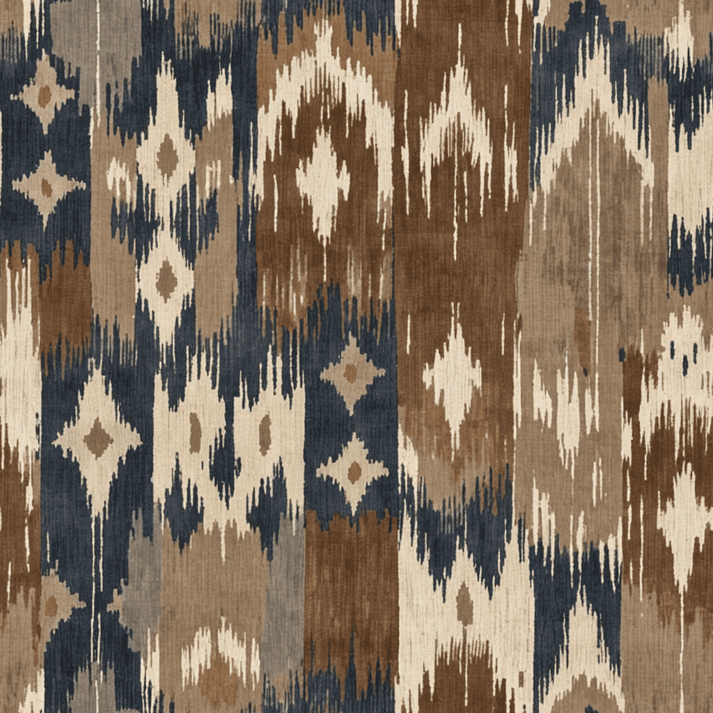 Vintage ikat motifs in warm cocoa and muted navy repeat in soft geometric rhythm across a deep stone base. The texture appears woven and distressed, capturing textile heritage in a refined palette.