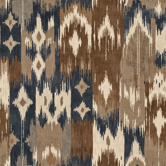 Vintage ikat motifs in warm cocoa and muted navy repeat in soft geometric rhythm across a deep stone base. The texture appears woven and distressed, capturing textile heritage in a refined palette.