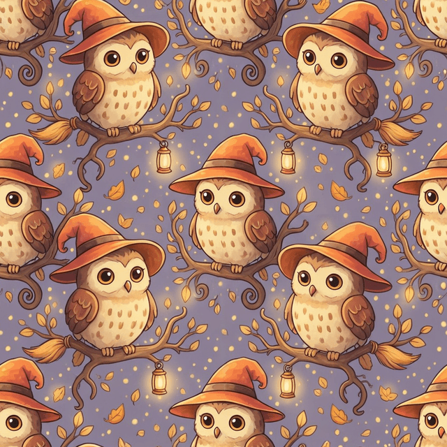 Cute owls wearing witch hats in soft browns and oranges perched on branches across a dusty purple ground, child-friendly and charming