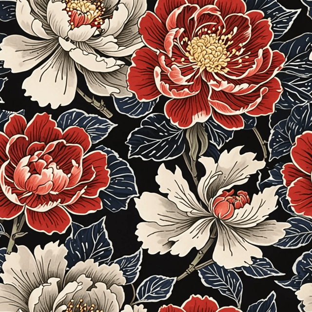 Generate a monochromatic seamless pattern using bold sumi-e ink strokes. Include peonies, stylised ocean waves, and swirling wind elements. The style should be expressive and spontaneous, combining strength and elegance in a dramatic black-and-white aesthetic.