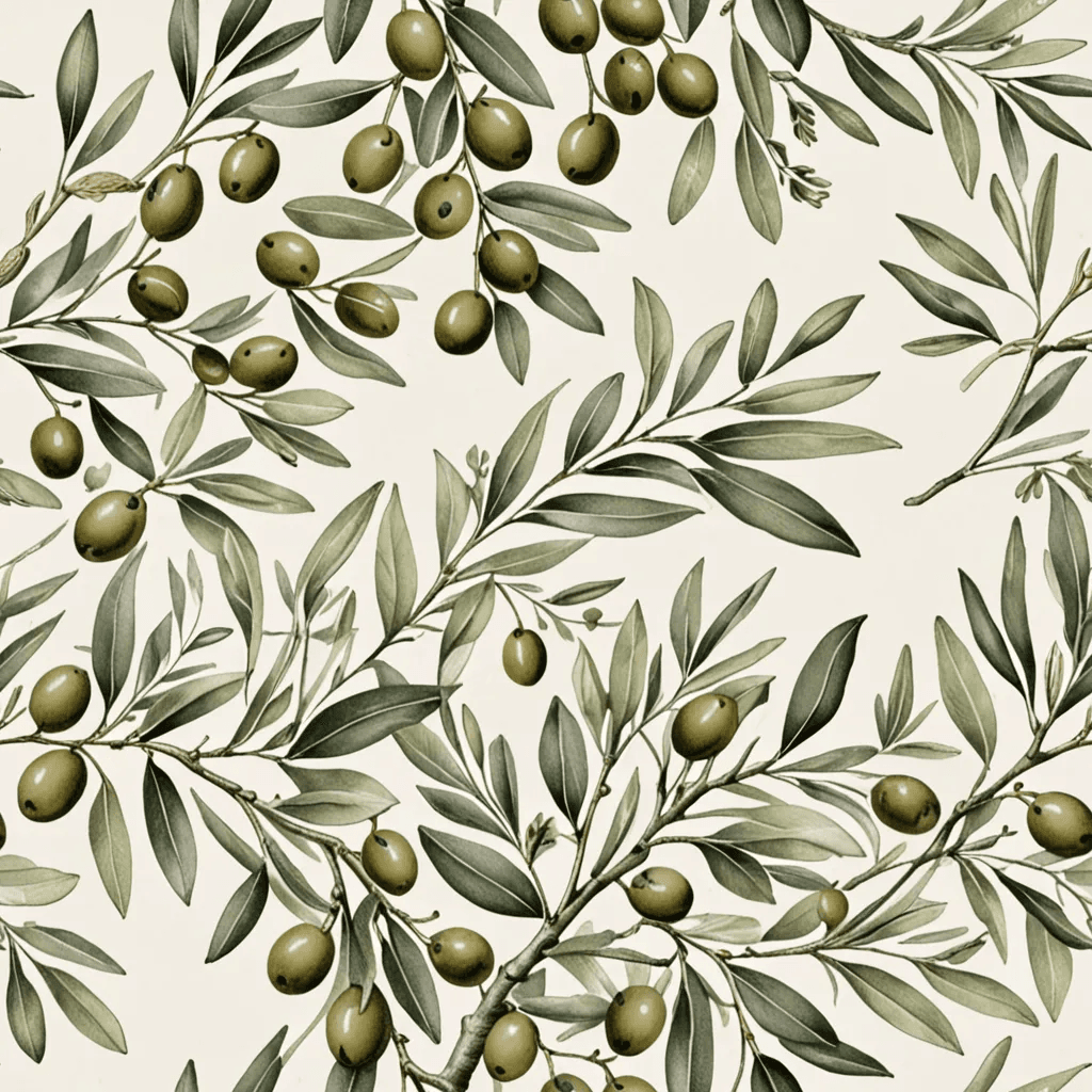 Hand-drawn olive branches and ripe olives in a soft green and dusty beige palette. with bold Mediterranean tones, arranged in a circular arrangements or mirrored motifs, using a harmonious Mediterranean palette.