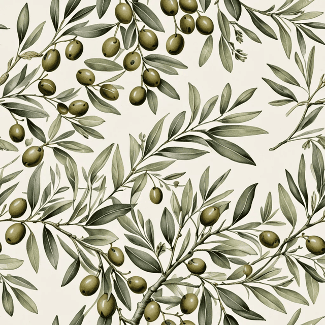 Hand-drawn olive branches and ripe olives in a soft green and dusty beige palette. with bold Mediterranean tones, arranged in a circular arrangements or mirrored motifs, using a harmonious Mediterranean palette.