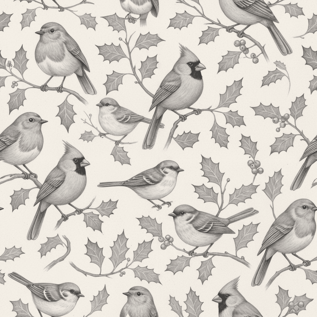 Winter birds pattern featuring robins, cardinals, and sparrows among holly branches, painted in a classic watercolour illustration style. dynamic composition, no rigid grid layout