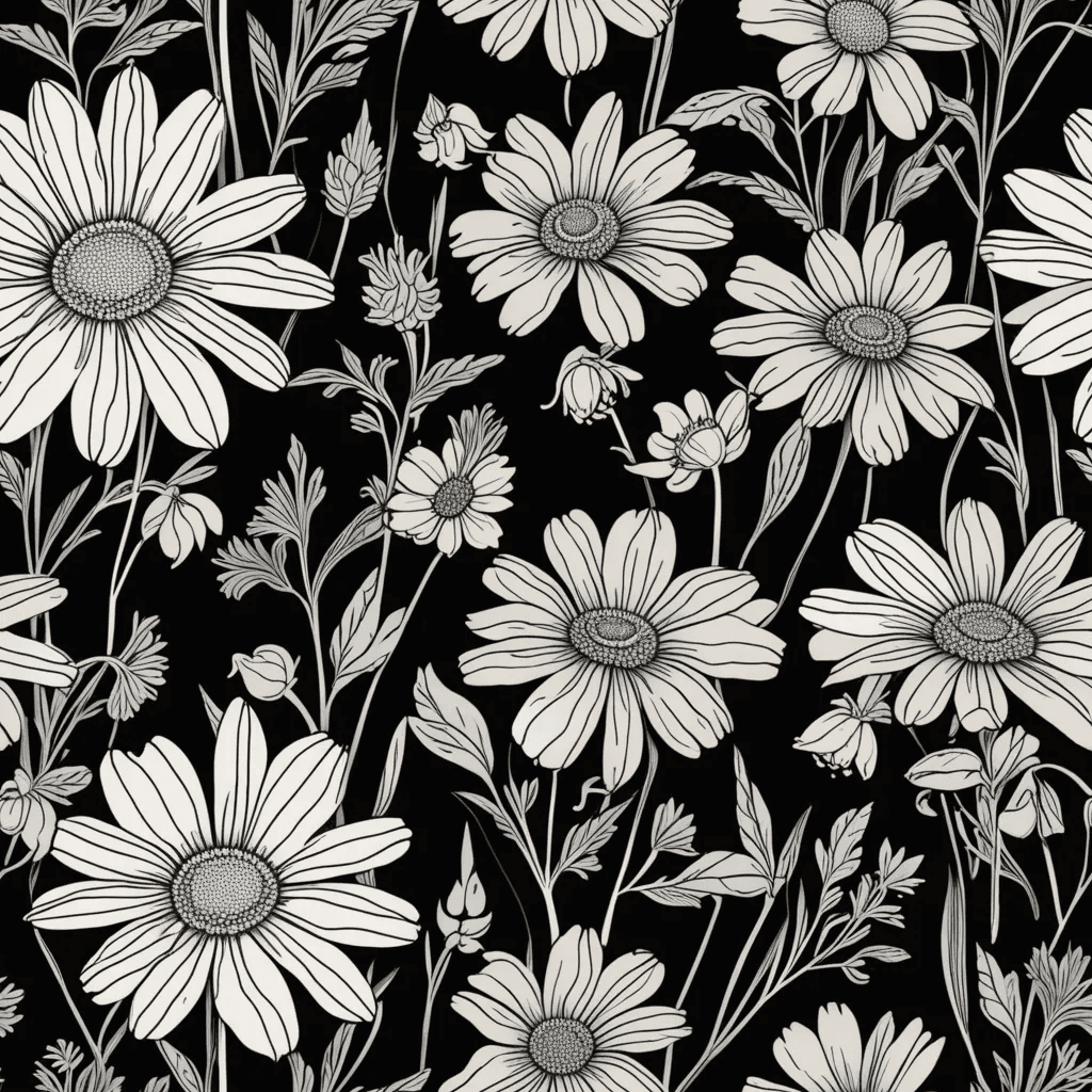 Create a seamless pattern featuring delicate line-drawn wildflowers such as daisies, lavender, and buttercups. Use fine, continuous lines in black or deep grey on a white or soft beige background for a clean, minimalist aesthetic.