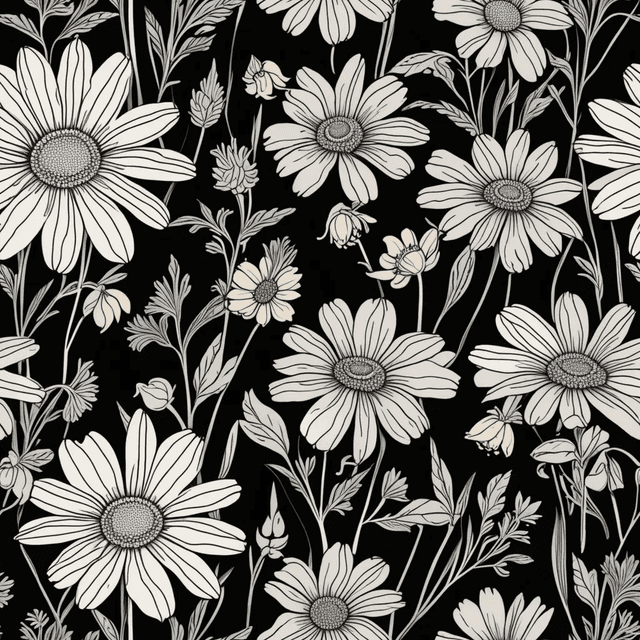 Create a seamless pattern featuring delicate line-drawn wildflowers such as daisies, lavender, and buttercups. Use fine, continuous lines in black or deep grey on a white or soft beige background for a clean, minimalist aesthetic.