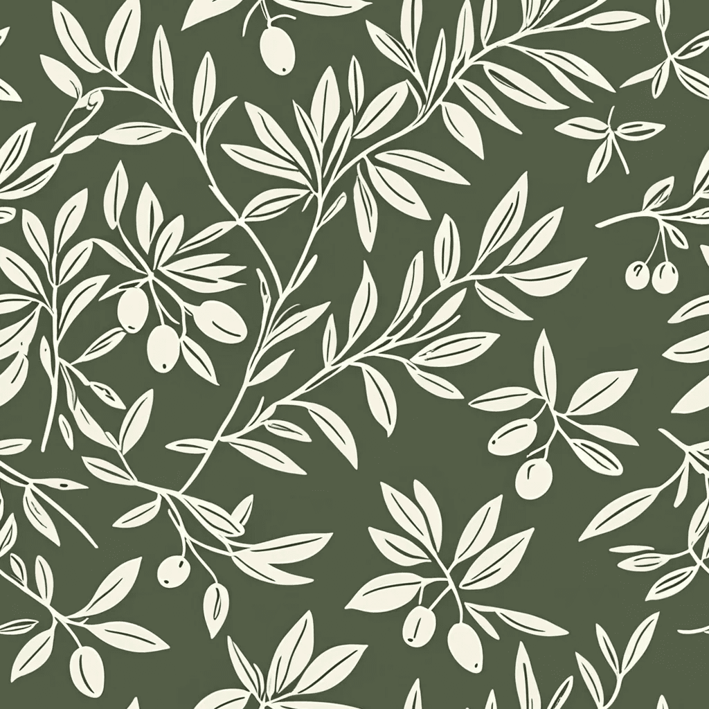 Hand-drawn olive branches and ripe olives in a soft green and dusty beige palette. with bold Mediterranean tones, arranged in a circular arrangements or mirrored motifs, using a harmonious Mediterranean palette.