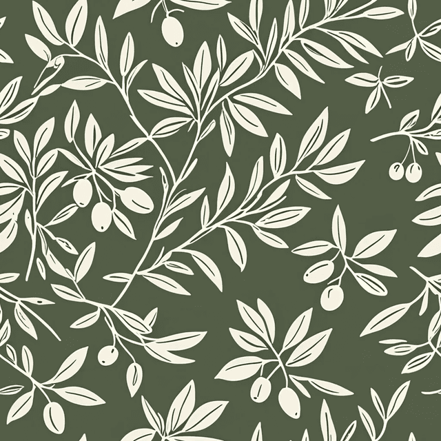 Hand-drawn olive branches and ripe olives in a soft green and dusty beige palette. with bold Mediterranean tones, arranged in a circular arrangements or mirrored motifs, using a harmonious Mediterranean palette.