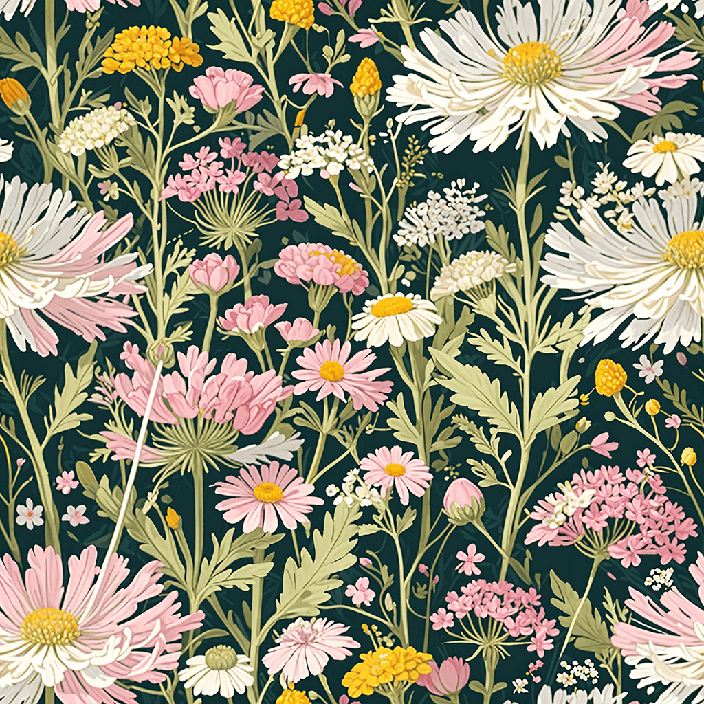 A light watercolor seamless pattern with a mix of wildflowers on a black background. Featuring flowers like yarrow, Queen Anne's lace, and delicate blossoms in pastel shades, with thin, flowing stems and leaves for a hand-painted effect.
