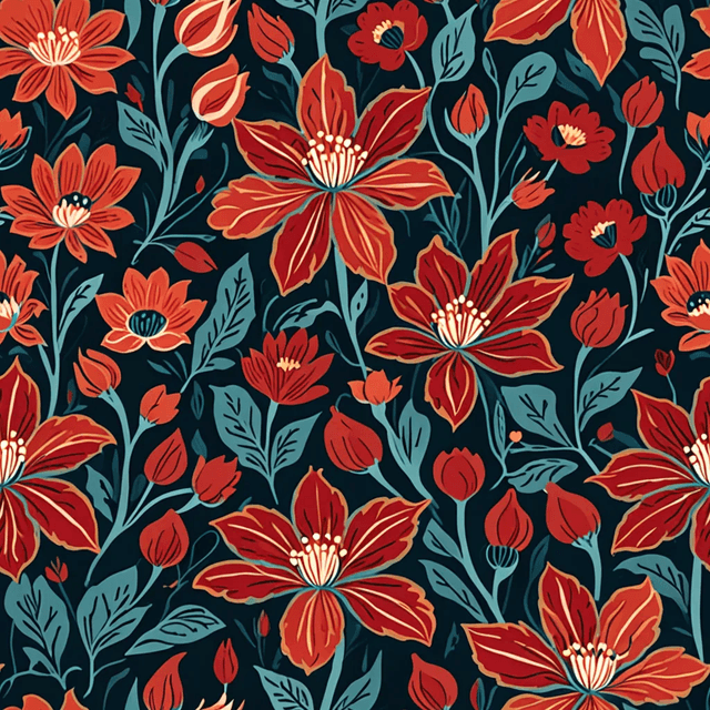 Abstracted florals in deep teal and bold scarlet scatter over a dark velvet ground. Their forms are diffused, painterly, and mysterious, giving the impression of blooms caught mid-bloom in low winter light.