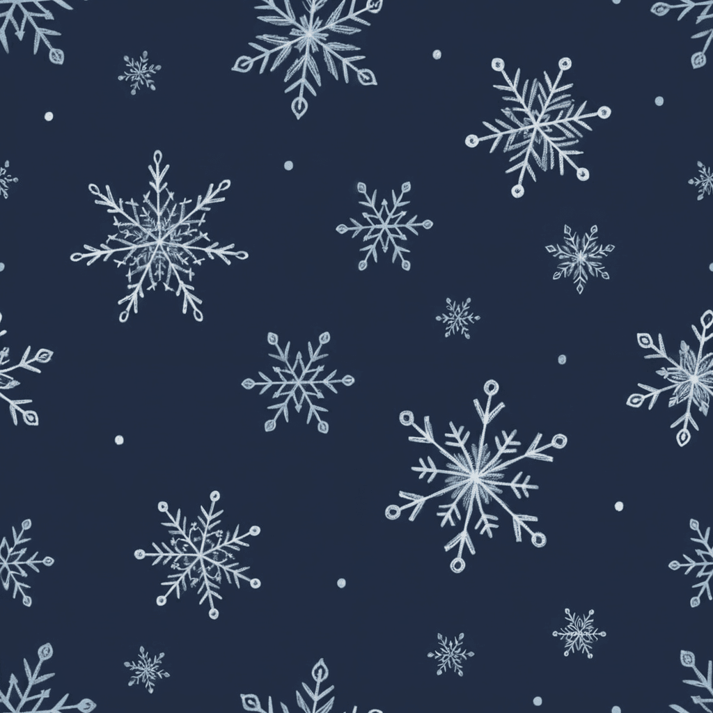 Intricate, hand-drawn snowflakes of varying shapes and sizes in soft white and light blue. Ensure that the snowflakes are distinctly separated from each other, scattered across a deep navy blue background.