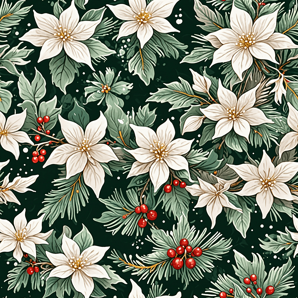 snow-dusted pine trees, frosted holly, white poinsettias, and icy branches. The colour palette should be cool and crisp, with whites, silvers, and light blues for an elegant winter aesthetic.