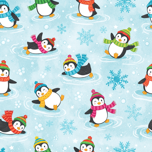 Playful cartoon penguins wearing scarves and hats, sliding across ice and snowflakes, in bright, cheerful colours for a festive children’s design.