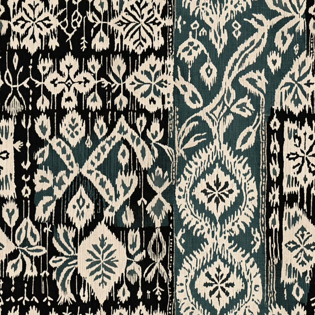 Soft ikat motifs in dusty teal and warm grey blend gently across a faded black canvas. The edges are blurred, with woven texture adding depth and cultural richness.