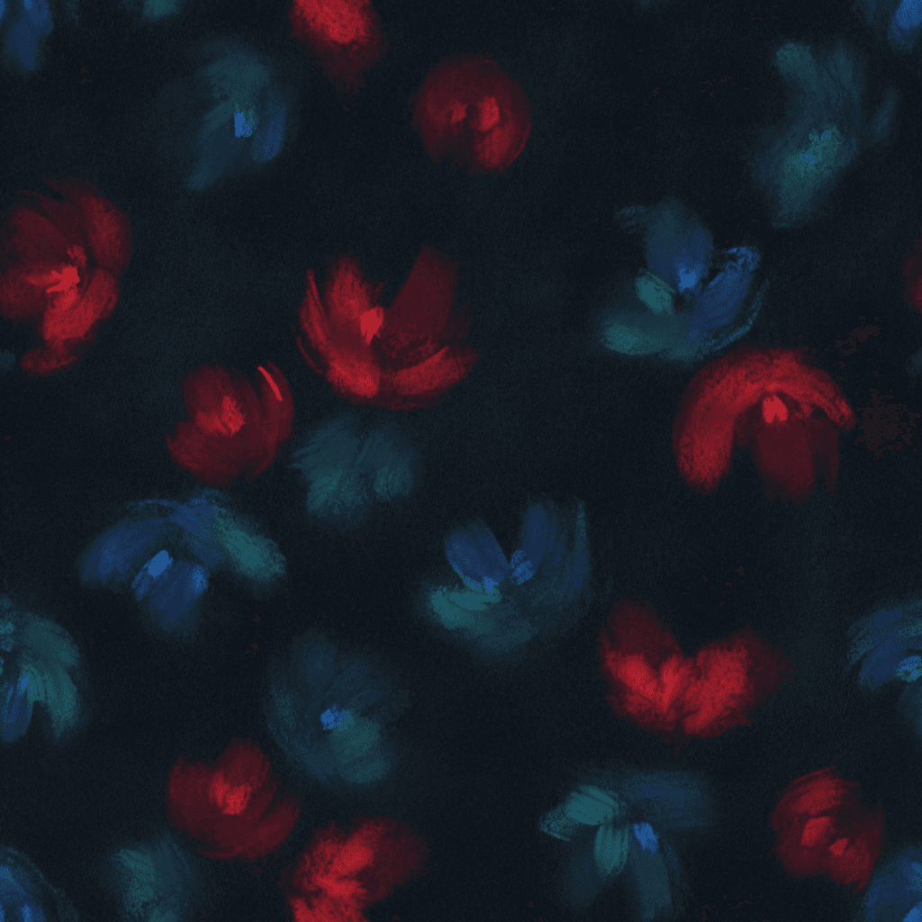Abstracted florals in deep teal and bold scarlet scatter over a dark velvet ground. Their forms are diffused, painterly, and mysterious, giving the impression of blooms caught mid-bloom in low winter light.