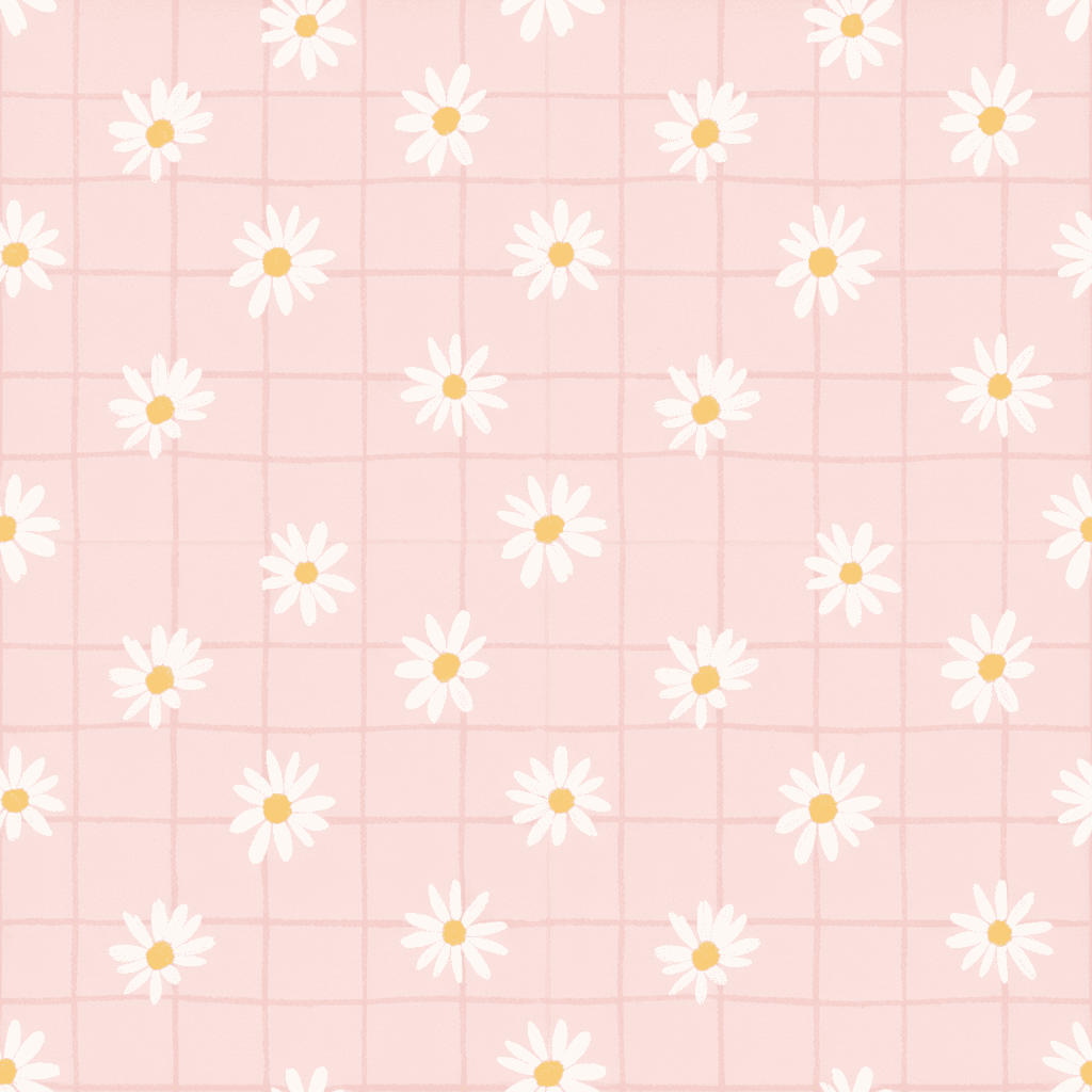 Small white daisies scattered over a blush pink background with subtle hand-drawn checks, light and feminine cottagecore print.