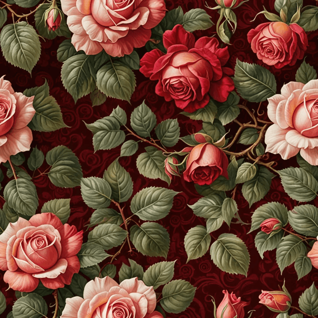 ten vintage renaissance painting Graceful roses reveal shaded petals and curling leaves in a delicate, intricate arrangement on dark red background