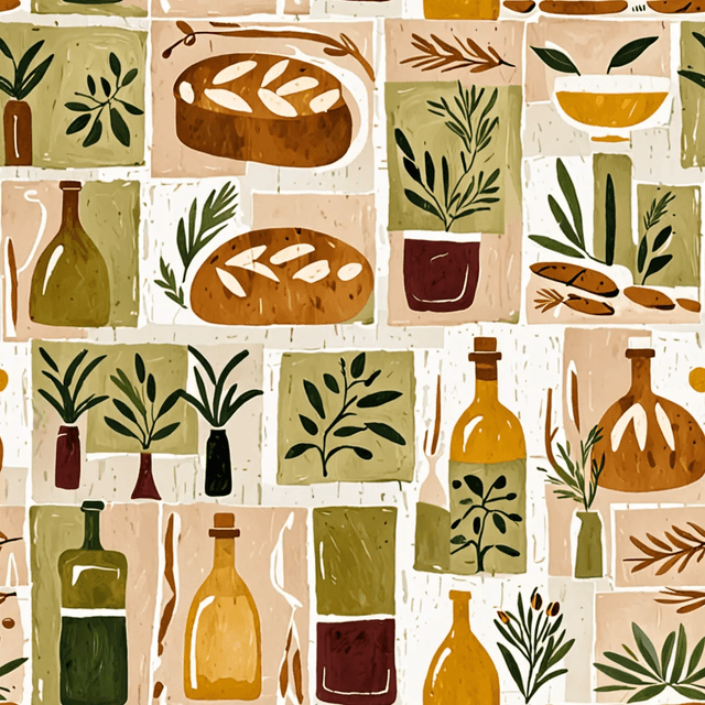 Hand-painted wine bottles, olive oil jars, and rustic bread loaves. using painterly brushstrokes, arranged in a dense, repeating tile layout, using a harmonious Mediterranean palette