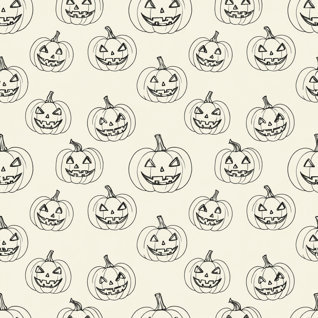 Minimalist line-drawn jack-o’-lanterns in monochrome black scattered on a ivory base, sketchy and modern, irregular composition