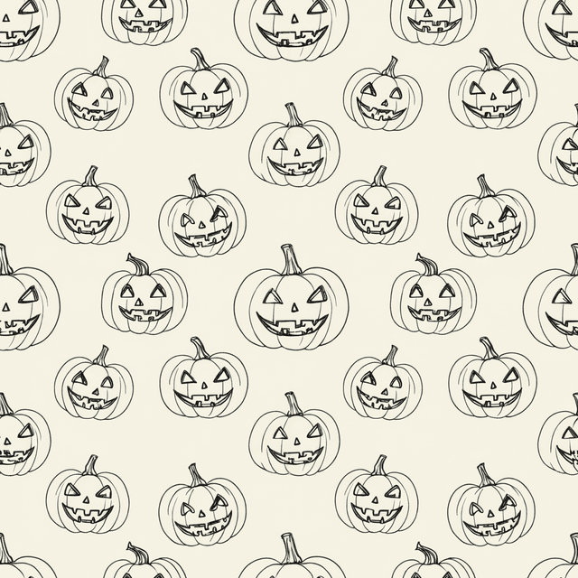 Minimalist line-drawn jack-o’-lanterns in monochrome black scattered on a ivory base, sketchy and modern, irregular composition
