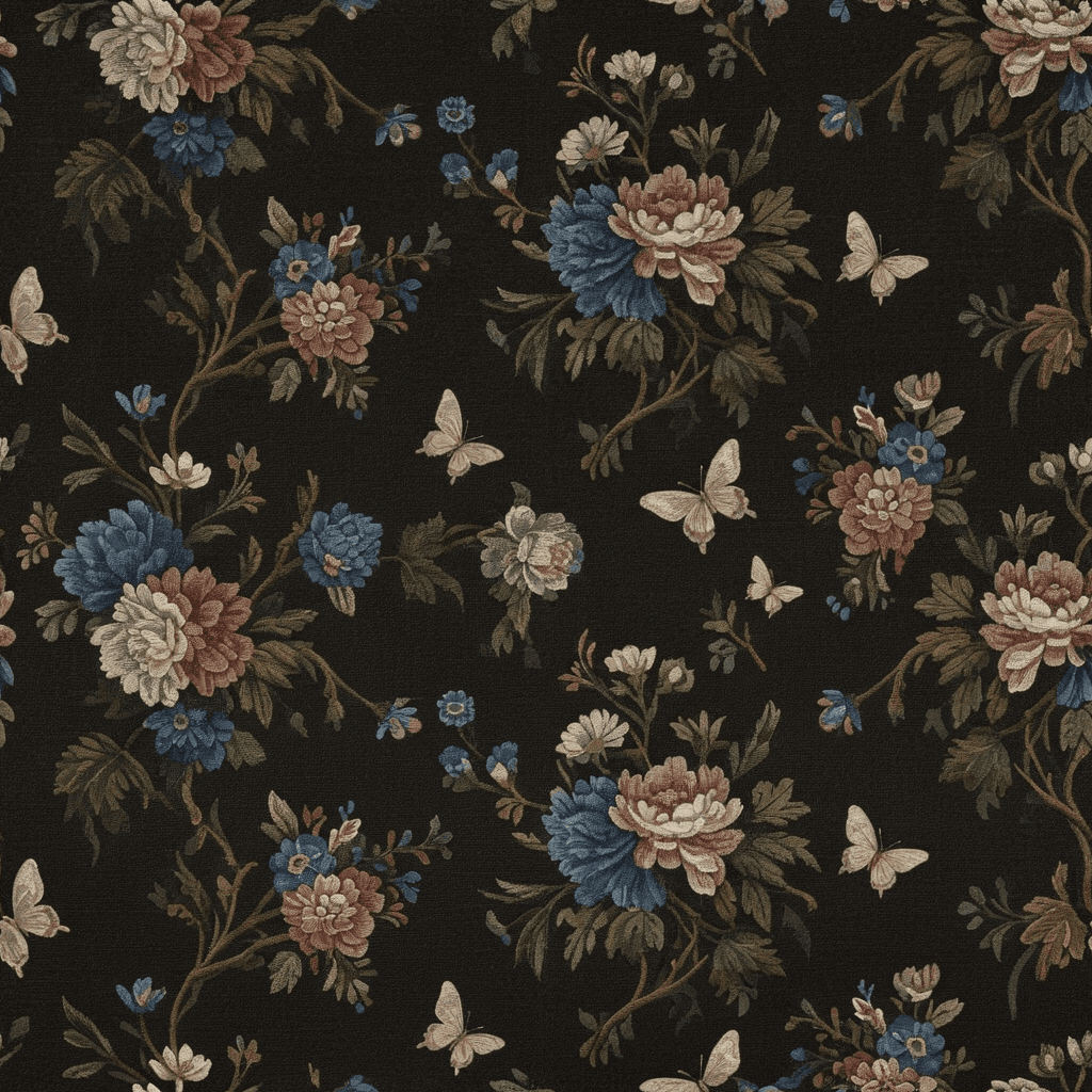 Ornate flowering branches, layered blossoms, curling leaves, and small butterflies forming a rich tapestry-like composition over a deep black-brown ground. Use smoked rose, muted sapphire, antique gold, faded lilac, moss green, and soft ivory, with darker shadow versions of each colour beneath the main motifs. Arrange the elements in broad flowing clusters with varied scale and directional movement, avoiding rigid symmetry while maintaining an elegant decorative rhythm. Combine handcrafted painted florals, woven texture, and subtle photographic depth. Avoid extra butterfly wings, overcrowded fillers, bright metallic shine, flat decorative silhouettes, muddy colours, and mechanically repeated bouquets.