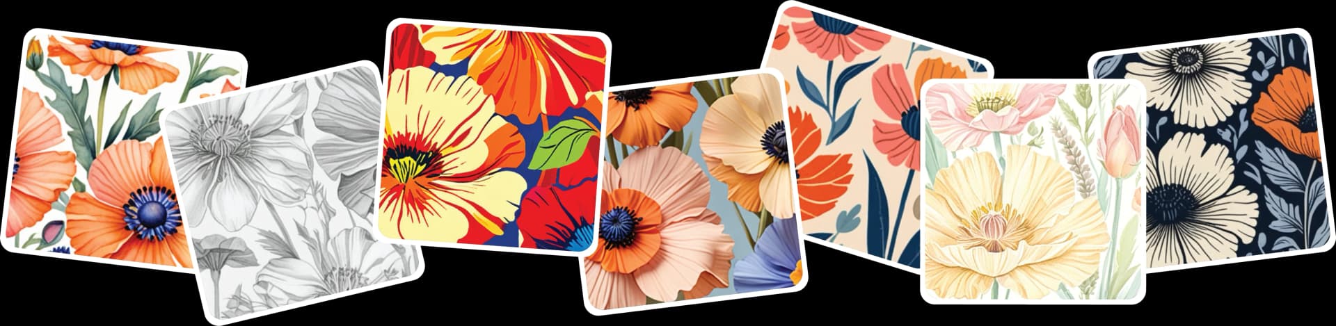 Collection of AI-generated seamless pattern styles including watercolour, line art, pop art and botanical designs