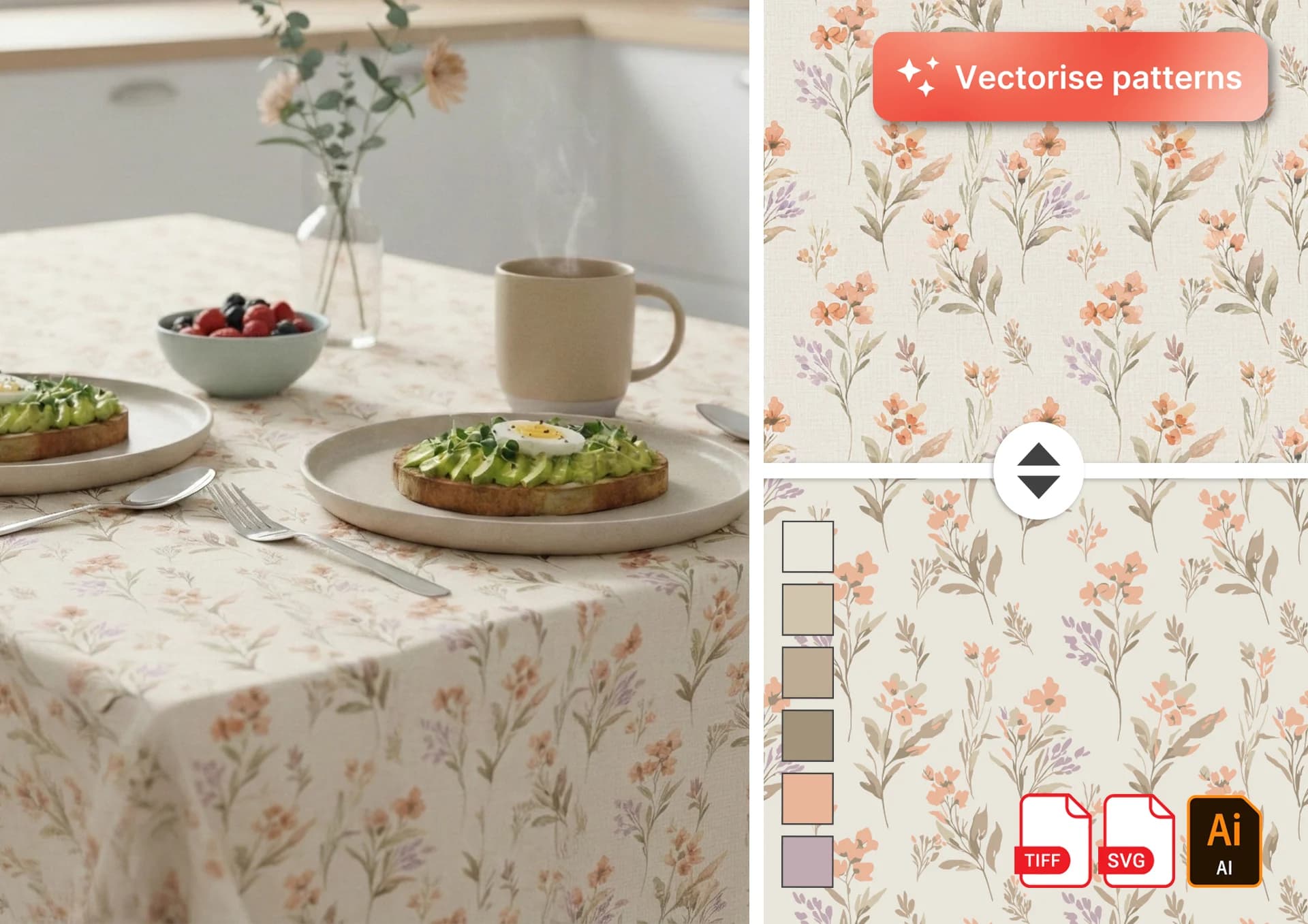 AI pattern vectorizer converting a seamless raster pattern to an SVG vector file with separated color layers