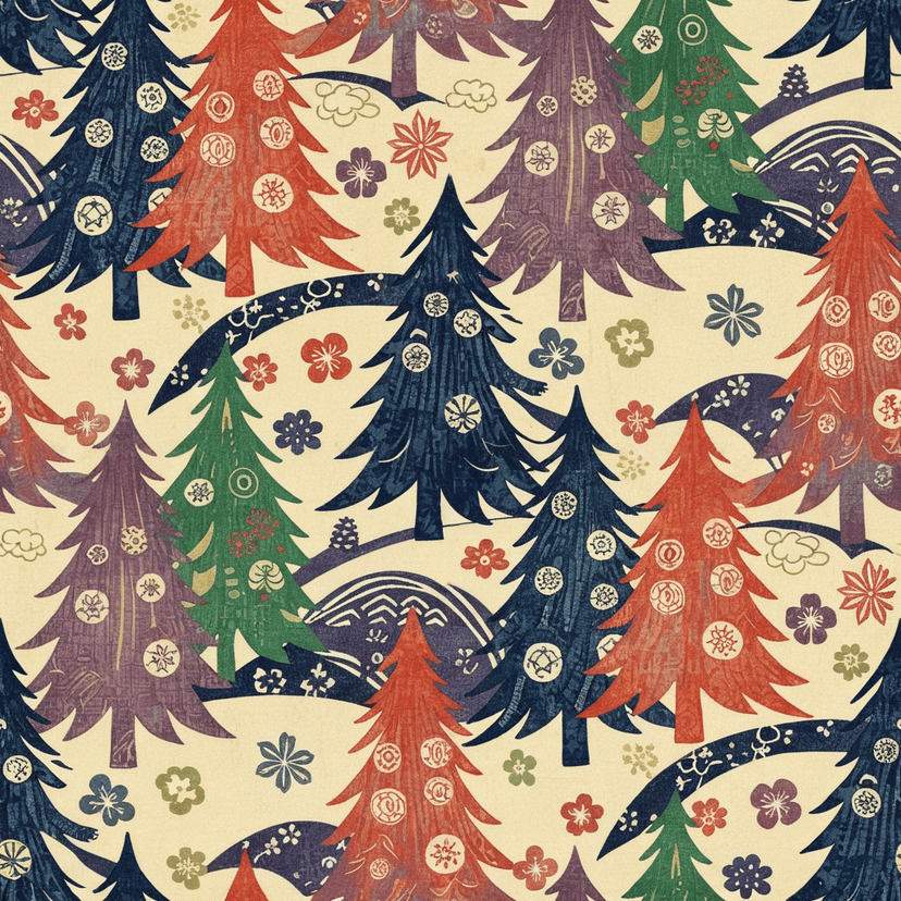 christmas trees in Japanese Woodblock style