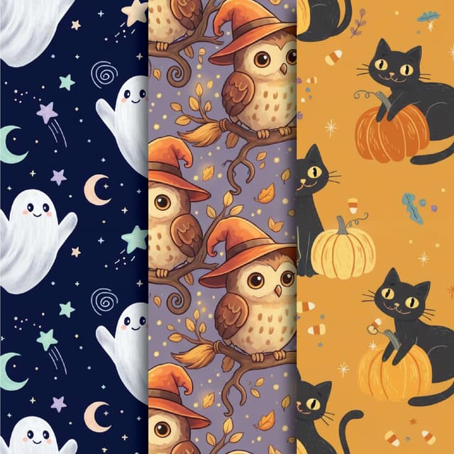 Whimsical Halloween Bundle celebrates the charm and playful spirit of autumn's most enchanting holiday. This delightful set of seamless patterns features friendly ghosts, smiling pumpkins, whimsical witches, and curious black cats in a cheerful cartoon style. Rendered in a palette of warm orange, dusty plum, midnight blue, and soft beige, each design balances festive spirit with gentle whimsy. Perfect for seasonal packaging, children's apparel, party supplies, or cozy autumn home decor that welcomes trick-or-treaters of all ages.
Standard Resolution Specs:
12 seamless patterns generated with PatternedAI
PNG format
File Size: 16 MB
Dimensions: 1024 x 1024 px / 3,4 × 3,4 in / 8,7 × 8,7 cm
DPI: 300
(Recommended for small scale digital assets)
High Resolution Specs:
12 seamless patterns generated with PatternedAI + 7 bonus Halloween clipart elements for custom pattern creation in Pattern Builder
PNG format
File Size: 192.9 MB
Dimensions: 4096 x 4096 px / 13,6 × 13,6 in / 34 × 34 cm
DPI: 300
(Recommended for printing on fabric, products, wallpaper and packaging)