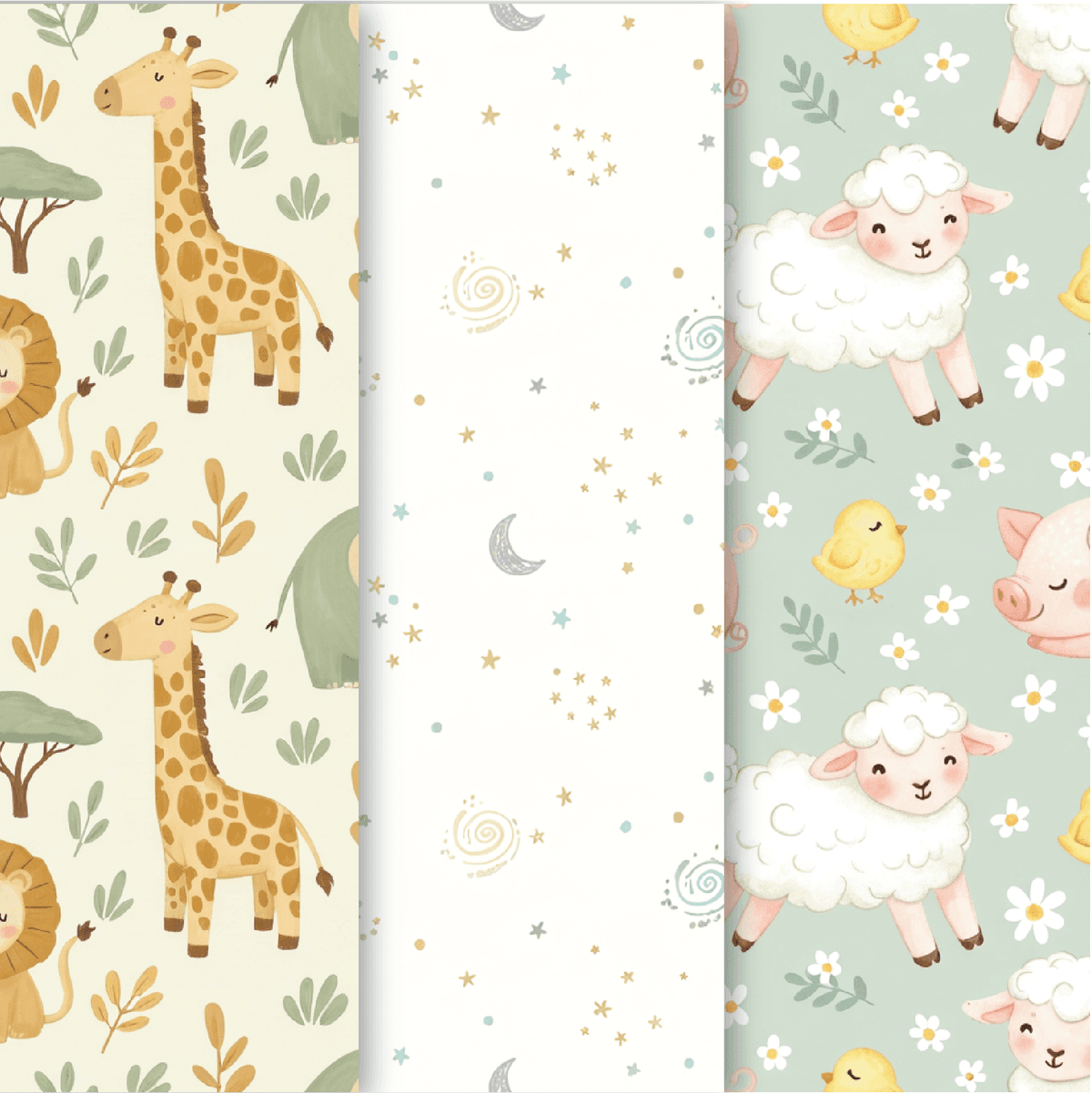 Sweet Little Nursery Patterns celebrate the gentle charm of early childhood with soft colors, playful illustrations, and comforting motifs designed for little ones. Featuring sleepy bunnies, cuddly teddy bears, baby farm and safari animals, cheerful fruits, minimalist rainbows, delicate florals, and dreamy celestial elements, this collection blends modern nursery style with timeless sweetness. Rendered in soothing pastels, warm neutrals, and soft earthy tones, each seamless pattern creates a cozy, nurturing atmosphere. Perfect for baby apparel, bedding, swaddles, nursery decor, stationery, and children's products that call for warmth, innocence, and everyday joy.