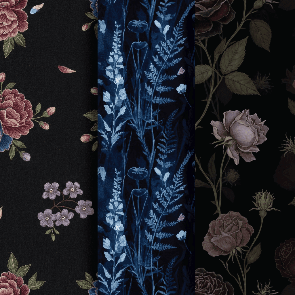 A moody collection of florals emerging from the dark, where shadowy botanicals meet luminous petals, weathered textures, and handcrafted detail. Deep jewel tones, softened photographic layers, painterly marks, and subtle glimmers of light give these patterns a rich, nocturnal elegance.