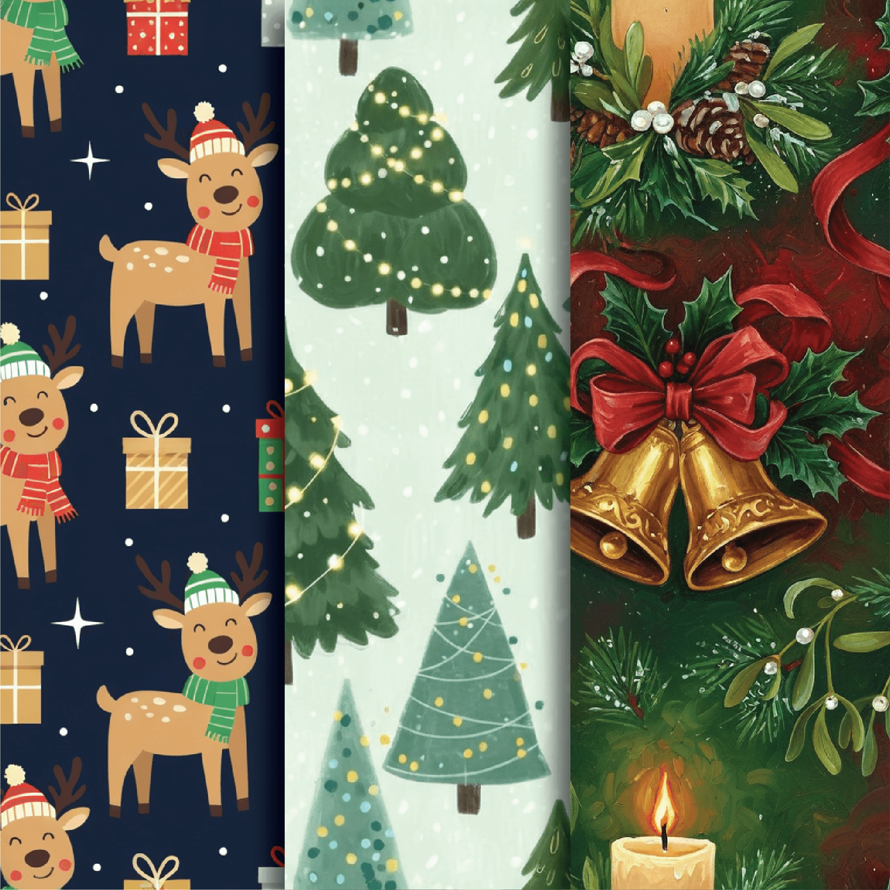 Christmas Design Bundle brings together the elegance and playfulness of the holiday season in one beautifully curated set. From dancing gingerbread men and playful reindeer to hand-painted trees and snowy holly branches, each design blends nostalgic warmth with modern flair. With soft watercolours, retro motifs, and crisp winter palettes, this bundle is perfect for gift wrap, holiday packaging, greeting cards, and cosy seasonal campaigns.
Standard Resolution Specs:
12 seamless patterns generated with PatternedAI
PNG format
File Size: 18.6 MB
Dimensions: 1024 x 1024 px / 3,4 × 3,4 in / 8,7 × 8,7 cm
DPI: 300
(Recommended for small scale digital assets)
High Resolution Specs:
12 seamless patterns generated with PatternedAI + 7 bonus Christmas clipart elements for custom pattern creation in Pattern Builder
PNG format
File Size: 185.5 MB
Dimensions: 4096 x 4096 px / 13,6 × 13,6 in / 34 × 34 cm
DPI: 300
(Recommended for printing on fabric, products, wallpaper and packaging)